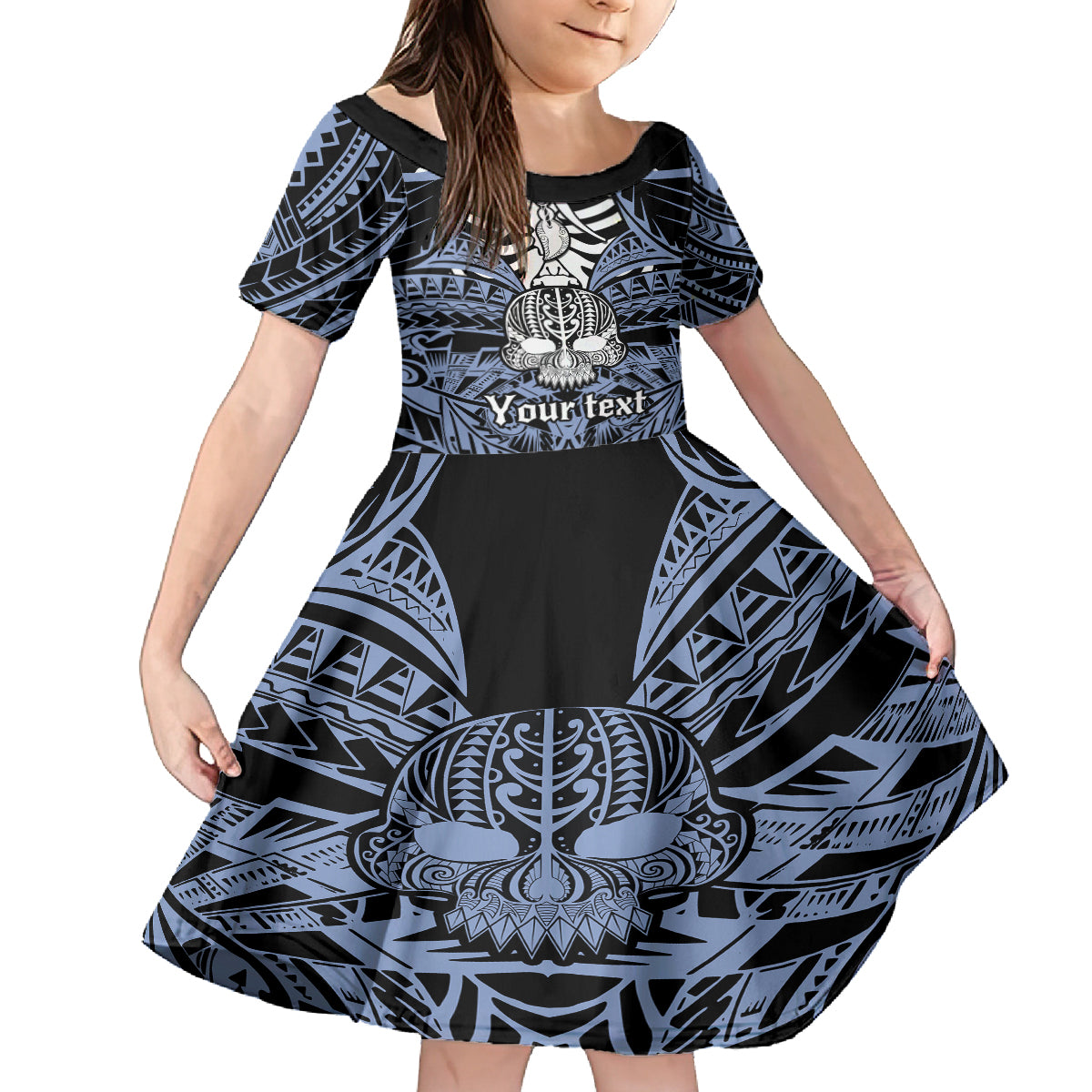Personalised Polynesia Skull Family Matching Summer Maxi Dress and Hawaiian Shirt With Boars Tusk Blue Arty Vibe LT9 Daughter's Dress Blue - Polynesian Pride