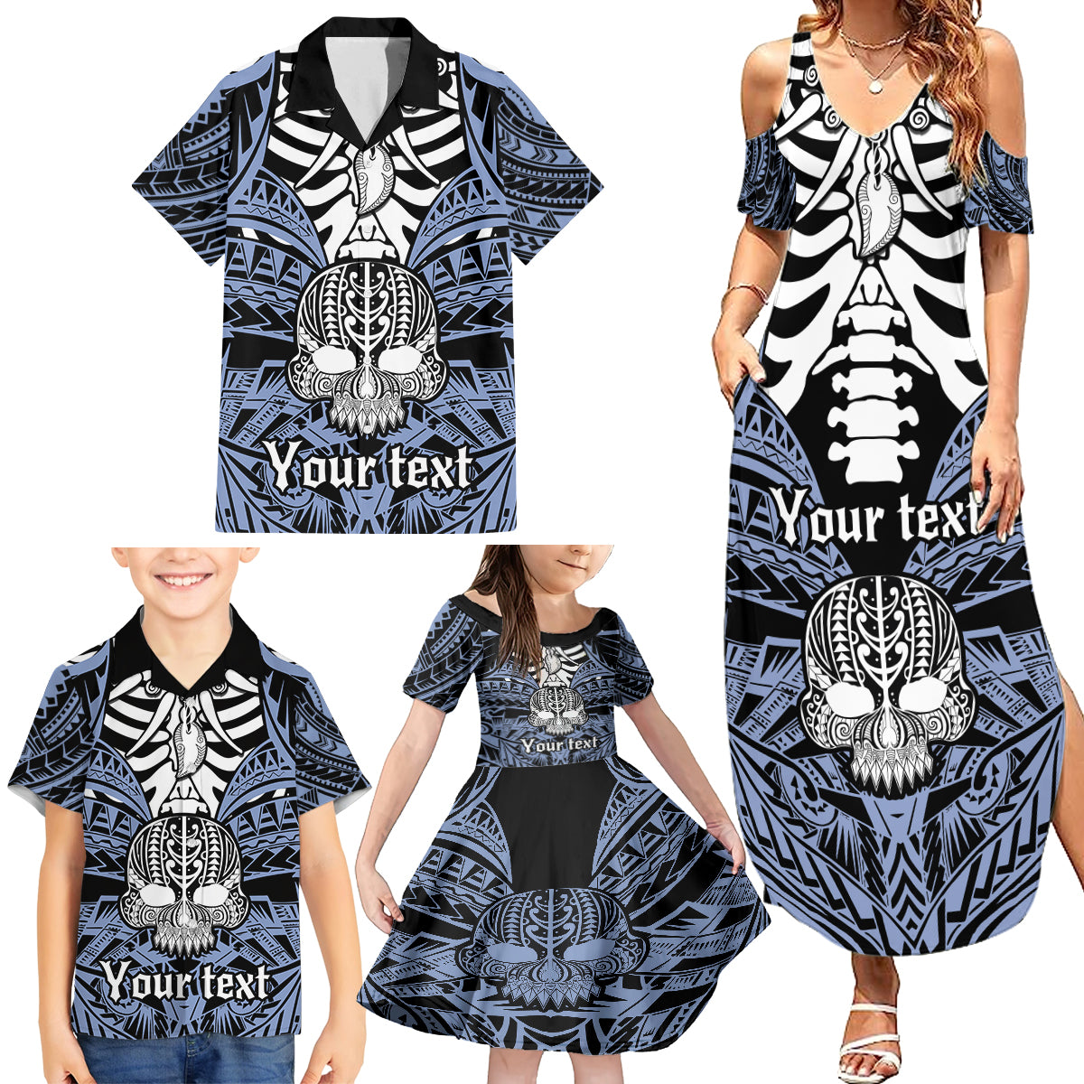Personalised Polynesia Skull Family Matching Summer Maxi Dress and Hawaiian Shirt With Boars Tusk Blue Arty Vibe LT9 - Polynesian Pride