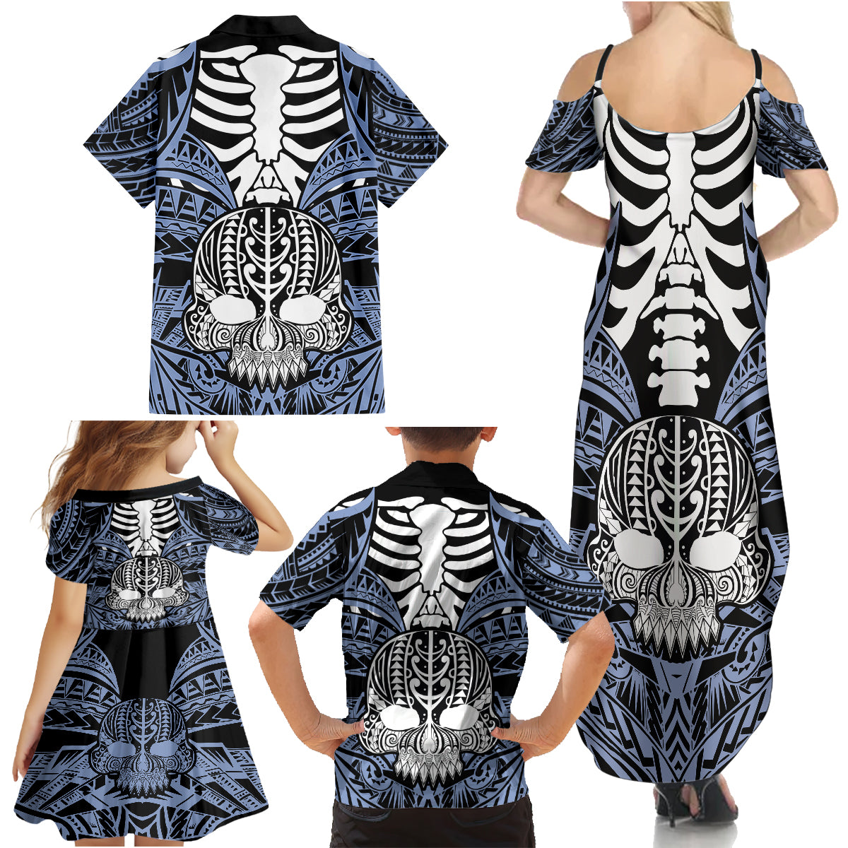 Personalised Polynesia Skull Family Matching Summer Maxi Dress and Hawaiian Shirt With Boars Tusk Blue Arty Vibe LT9 - Polynesian Pride
