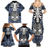Personalised Polynesia Skull Family Matching Summer Maxi Dress and Hawaiian Shirt With Boars Tusk Blue Arty Vibe LT9 - Polynesian Pride