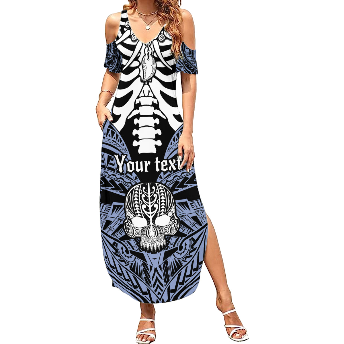 Personalised Polynesia Skull Family Matching Summer Maxi Dress and Hawaiian Shirt With Boars Tusk Blue Arty Vibe LT9 Mom's Dress Blue - Polynesian Pride