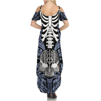 Personalised Polynesia Skull Family Matching Summer Maxi Dress and Hawaiian Shirt With Boars Tusk Blue Arty Vibe LT9 - Polynesian Pride