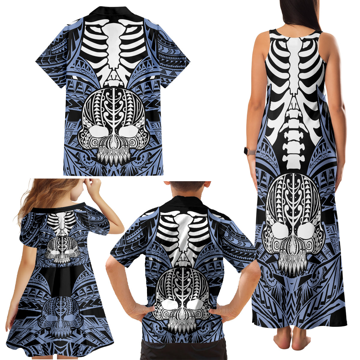 Personalised Polynesia Skull Family Matching Tank Maxi Dress and Hawaiian Shirt With Boars Tusk Blue Arty Vibe LT9 - Polynesian Pride