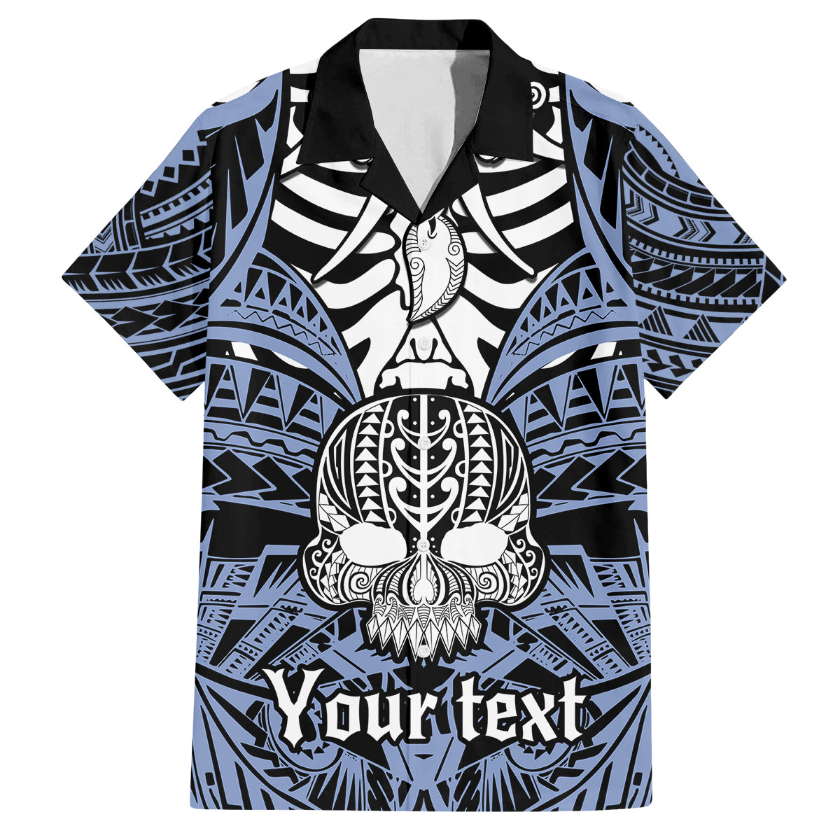 Personalised Polynesia Skull Family Matching Tank Maxi Dress and Hawaiian Shirt With Boars Tusk Blue Arty Vibe LT9 Dad's Shirt - Short Sleeve Blue - Polynesian Pride