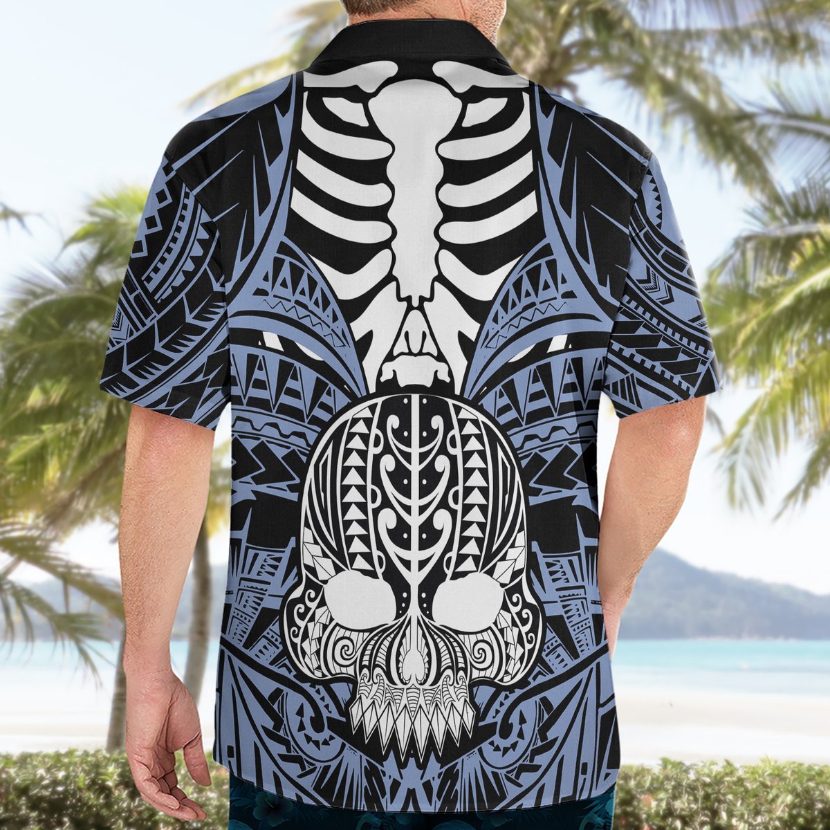 Personalised Polynesia Skull Hawaiian Shirt With Boars Tusk Blue Arty Vibe LT9 - Polynesian Pride