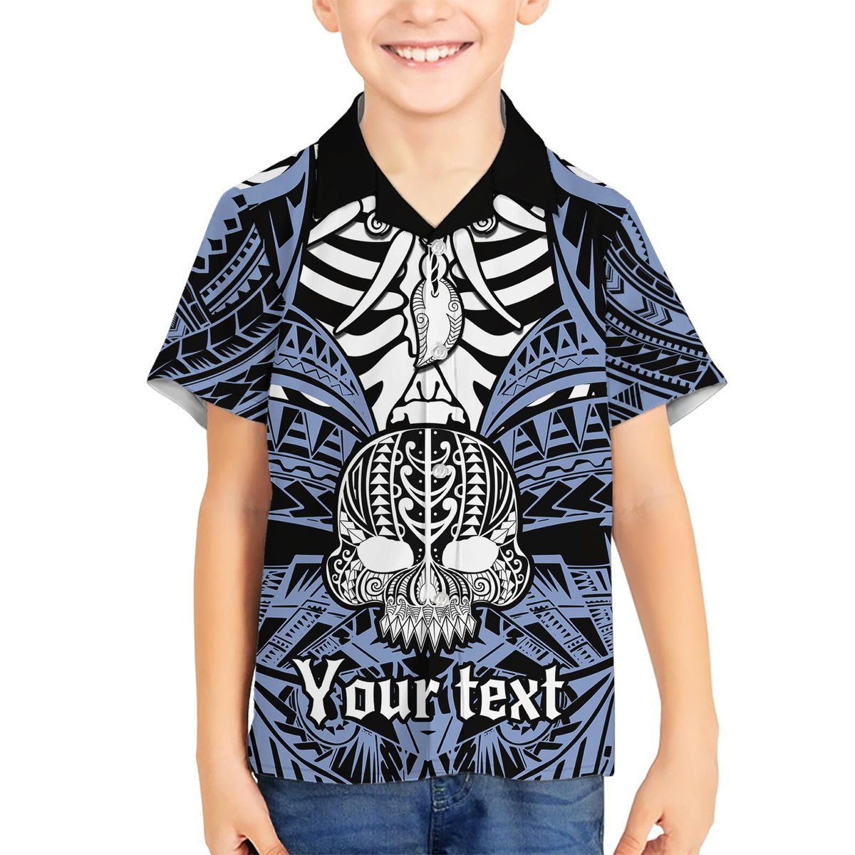 Personalised Polynesia Skull Hawaiian Shirt With Boars Tusk Blue Arty Vibe LT9 - Polynesian Pride
