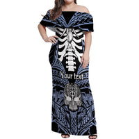 Personalised Polynesia Skull Off Shoulder Maxi Dress With Boars Tusk Blue Arty Vibe LT9 Women Blue - Polynesian Pride