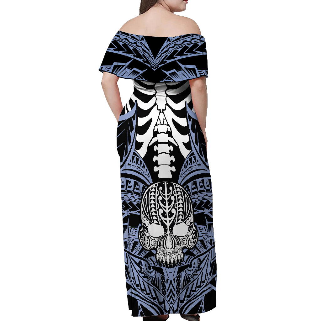 Personalised Polynesia Skull Off Shoulder Maxi Dress With Boars Tusk Blue Arty Vibe LT9 - Polynesian Pride