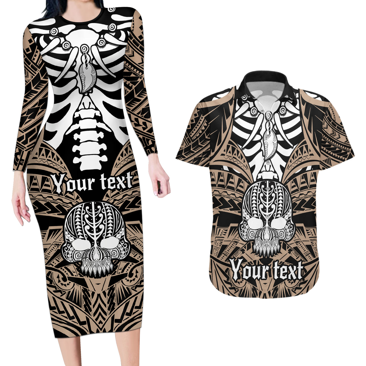 Personalised Polynesia Skull Couples Matching Long Sleeve Bodycon Dress and Hawaiian Shirt With Boars Tusk Gold Arty Vibe LT9 Gold - Polynesian Pride