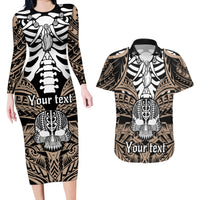 Personalised Polynesia Skull Couples Matching Long Sleeve Bodycon Dress and Hawaiian Shirt With Boars Tusk Gold Arty Vibe LT9 Gold - Polynesian Pride