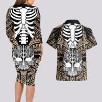 Personalised Polynesia Skull Couples Matching Long Sleeve Bodycon Dress and Hawaiian Shirt With Boars Tusk Gold Arty Vibe LT9 - Polynesian Pride