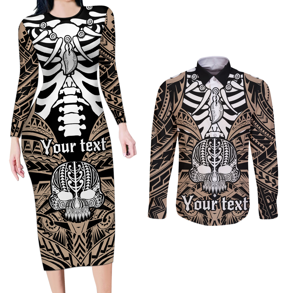 personalised-polynesia-skull-couples-matching-long-sleeve-bodycon-dress-and-long-sleeve-button-shirts-with-boars-tusk-gold-arty-vibe