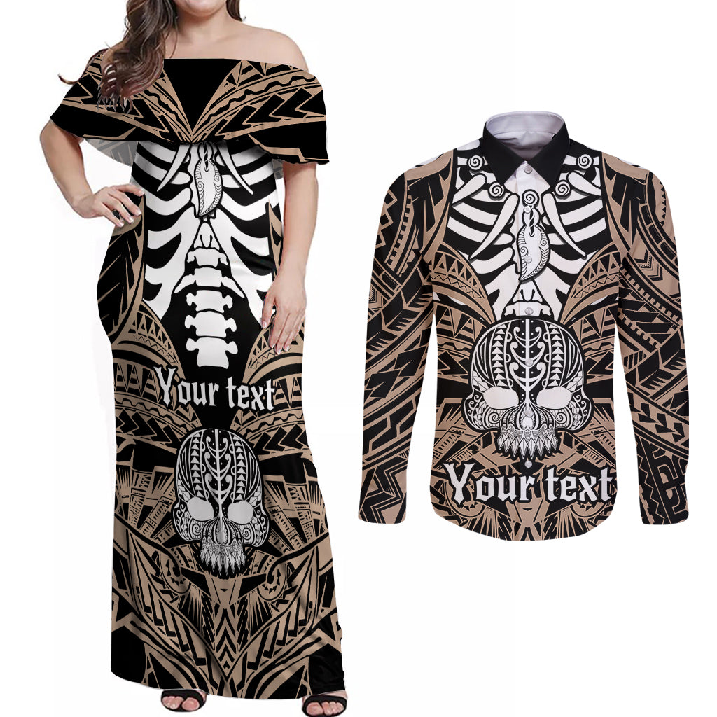personalised-polynesia-skull-couples-matching-off-shoulder-maxi-dress-and-long-sleeve-button-shirts-with-boars-tusk-gold-arty-vibe