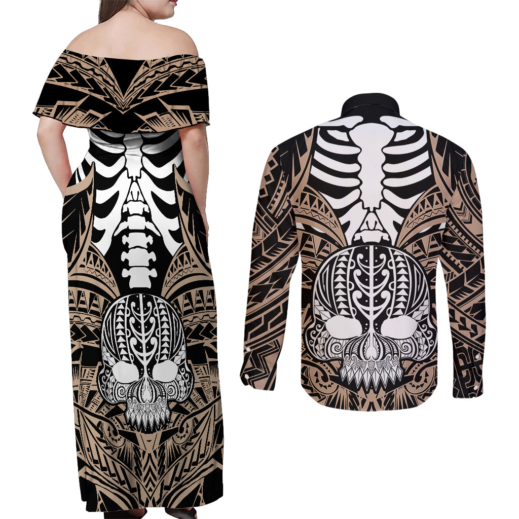 personalised-polynesia-skull-couples-matching-off-shoulder-maxi-dress-and-long-sleeve-button-shirts-with-boars-tusk-gold-arty-vibe