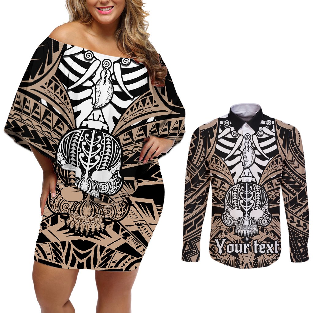 personalised-polynesia-skull-couples-matching-off-shoulder-short-dress-and-long-sleeve-button-shirts-with-boars-tusk-gold-arty-vibe