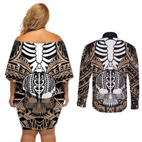 personalised-polynesia-skull-couples-matching-off-shoulder-short-dress-and-long-sleeve-button-shirts-with-boars-tusk-gold-arty-vibe
