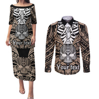personalised-polynesia-skull-couples-matching-puletasi-dress-and-long-sleeve-button-shirts-with-boars-tusk-gold-arty-vibe