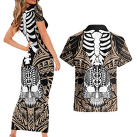 Personalised Polynesia Skull Couples Matching Short Sleeve Bodycon Dress and Hawaiian Shirt With Boars Tusk Gold Arty Vibe LT9 - Polynesian Pride