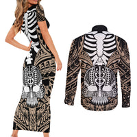 personalised-polynesia-skull-couples-matching-short-sleeve-bodycon-dress-and-long-sleeve-button-shirts-with-boars-tusk-gold-arty-vibe
