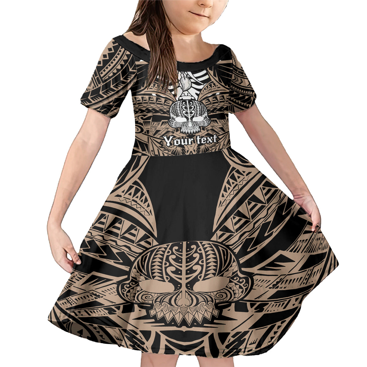 Personalised Polynesia Skull Family Matching Mermaid Dress and Hawaiian Shirt With Boars Tusk Gold Arty Vibe LT9 Daughter's Dress Gold - Polynesian Pride