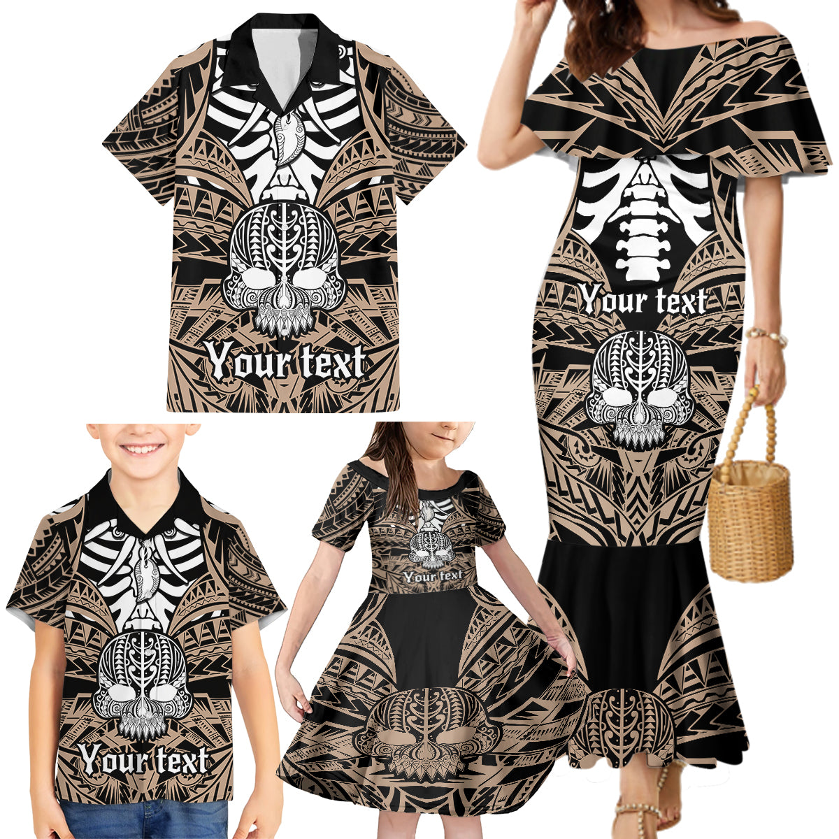 Personalised Polynesia Skull Family Matching Mermaid Dress and Hawaiian Shirt With Boars Tusk Gold Arty Vibe LT9 - Polynesian Pride