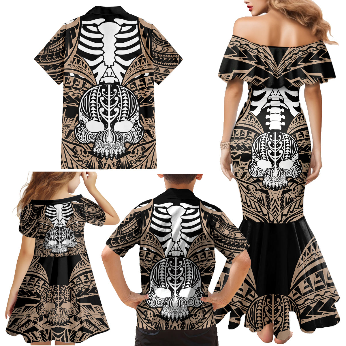 Personalised Polynesia Skull Family Matching Mermaid Dress and Hawaiian Shirt With Boars Tusk Gold Arty Vibe LT9 - Polynesian Pride