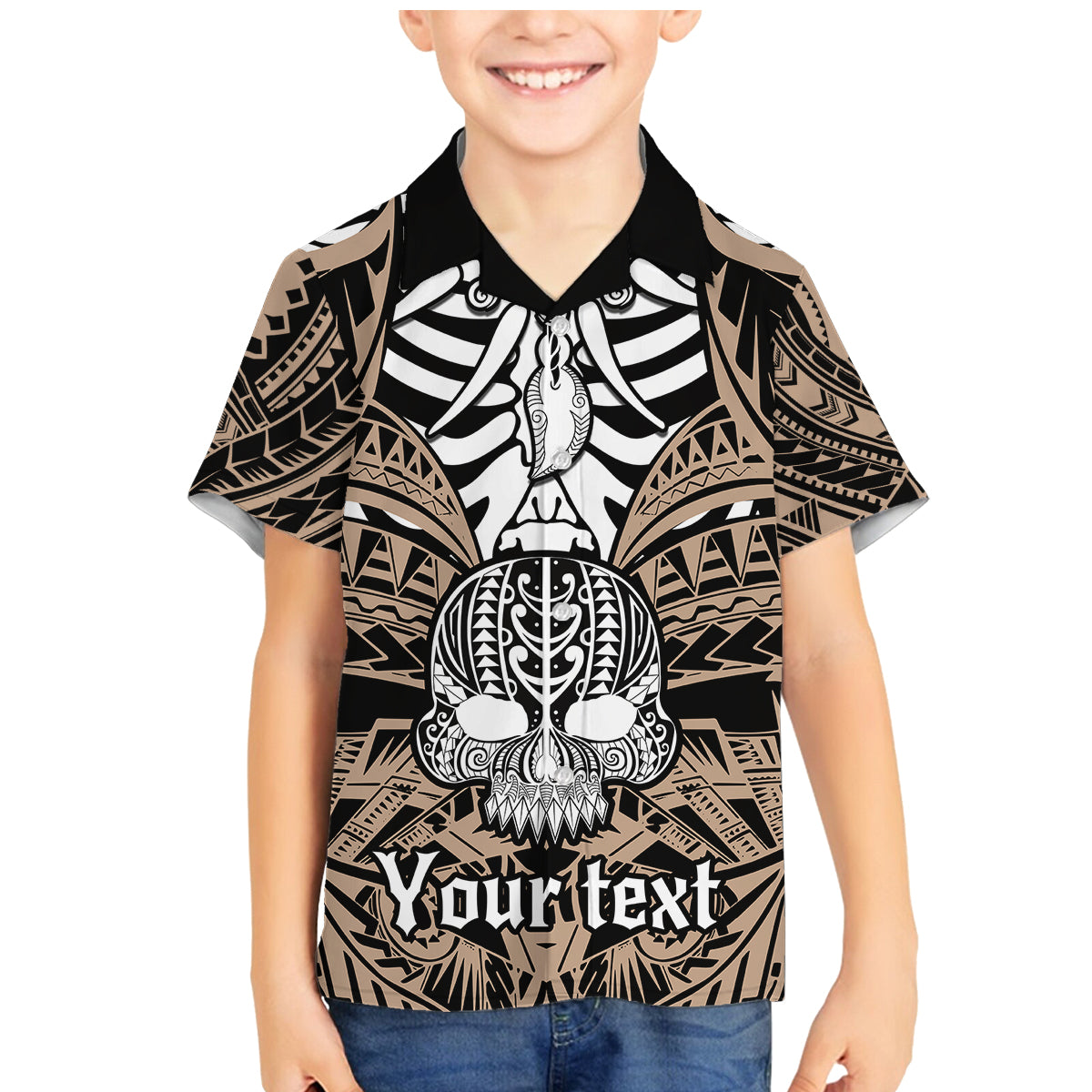 Personalised Polynesia Skull Family Matching Mermaid Dress and Hawaiian Shirt With Boars Tusk Gold Arty Vibe LT9 Son's Shirt Gold - Polynesian Pride