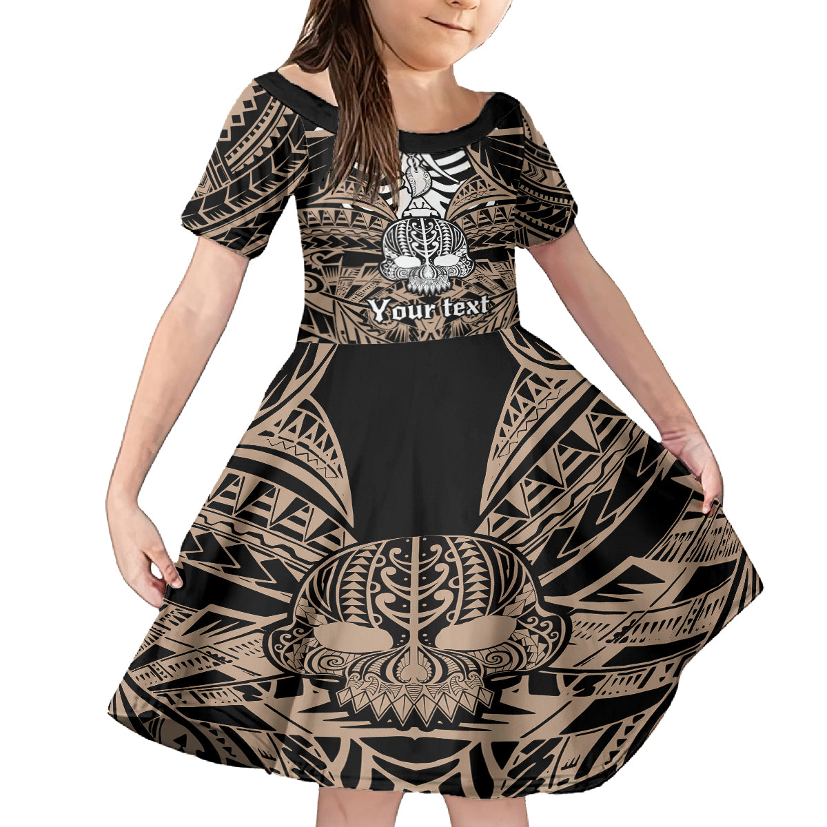 Personalised Polynesia Skull Family Matching Off Shoulder Long Sleeve Dress and Hawaiian Shirt With Boars Tusk Gold Arty Vibe LT9 Daughter's Dress Gold - Polynesian Pride