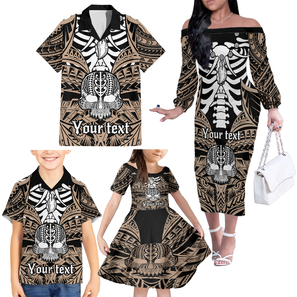 Personalised Polynesia Skull Family Matching Off Shoulder Long Sleeve Dress and Hawaiian Shirt With Boars Tusk Gold Arty Vibe LT9 - Polynesian Pride