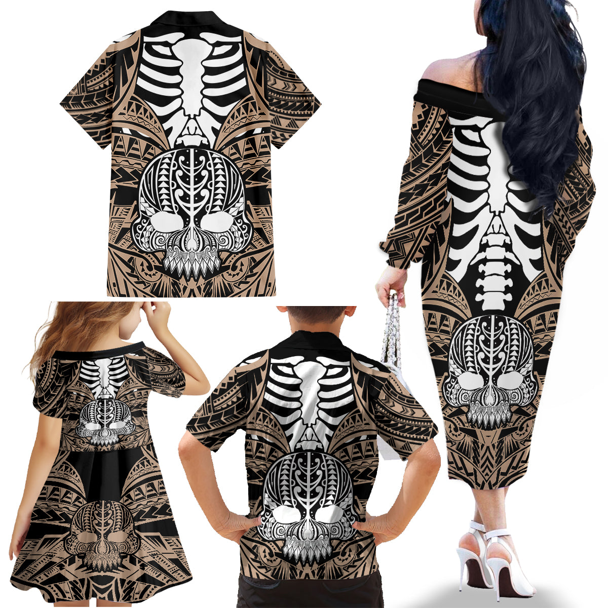 Personalised Polynesia Skull Family Matching Off Shoulder Long Sleeve Dress and Hawaiian Shirt With Boars Tusk Gold Arty Vibe LT9 - Polynesian Pride