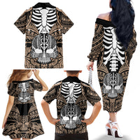 Personalised Polynesia Skull Family Matching Off Shoulder Long Sleeve Dress and Hawaiian Shirt With Boars Tusk Gold Arty Vibe LT9 - Polynesian Pride