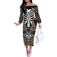 Personalised Polynesia Skull Family Matching Off Shoulder Long Sleeve Dress and Hawaiian Shirt With Boars Tusk Gold Arty Vibe LT9 Mom's Dress Gold - Polynesian Pride
