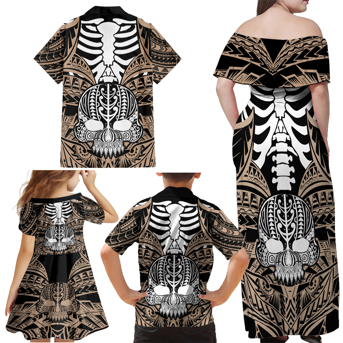 Personalised Polynesia Skull Family Matching Off Shoulder Maxi Dress and Hawaiian Shirt With Boars Tusk Gold Arty Vibe LT9 - Polynesian Pride
