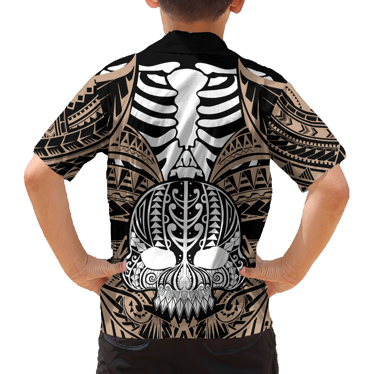 Personalised Polynesia Skull Family Matching Off Shoulder Short Dress and Hawaiian Shirt With Boars Tusk Gold Arty Vibe LT9 - Polynesian Pride