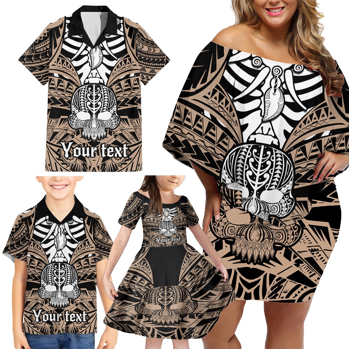 Personalised Polynesia Skull Family Matching Off Shoulder Short Dress and Hawaiian Shirt With Boars Tusk Gold Arty Vibe LT9 - Polynesian Pride