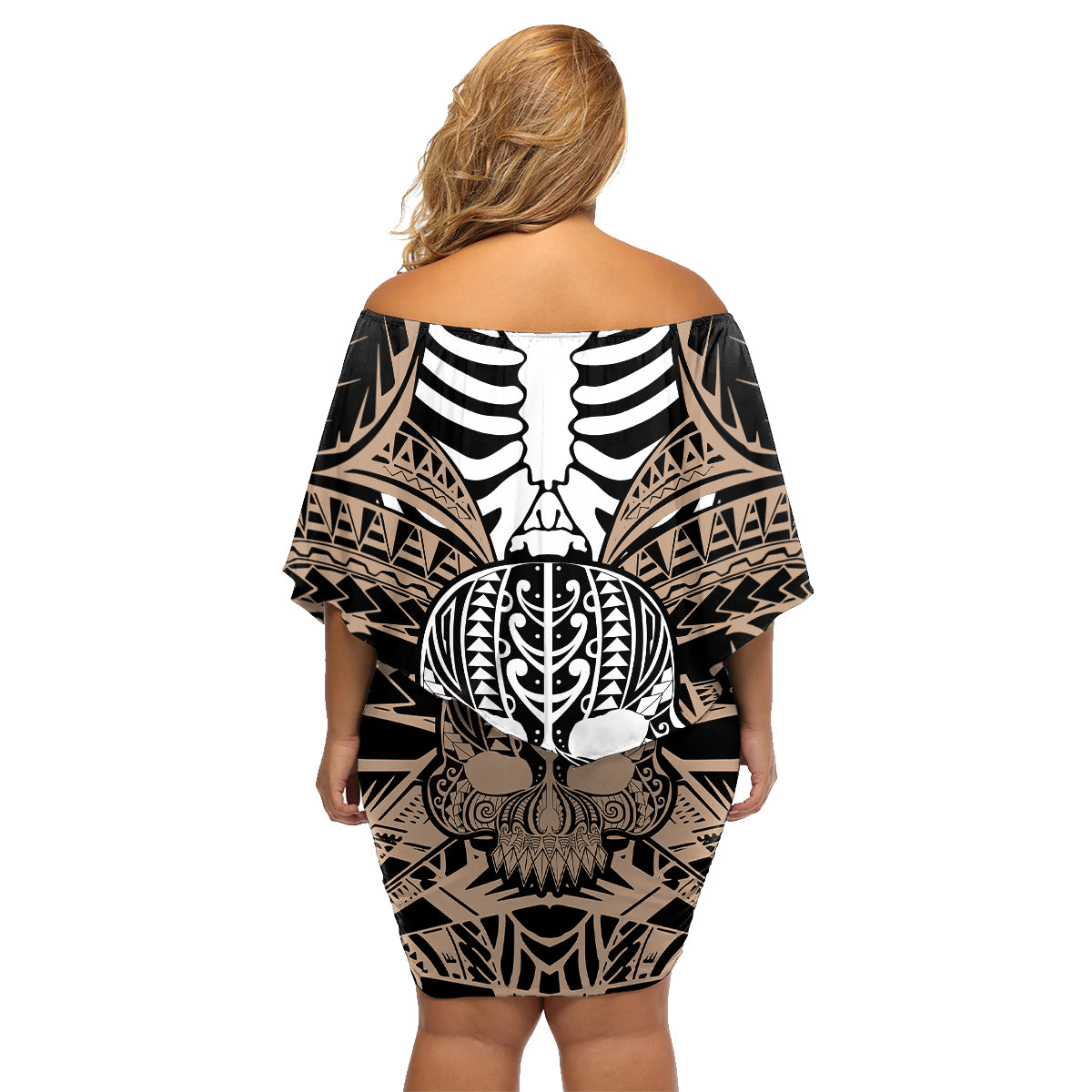 Personalised Polynesia Skull Family Matching Off Shoulder Short Dress and Hawaiian Shirt With Boars Tusk Gold Arty Vibe LT9 - Polynesian Pride