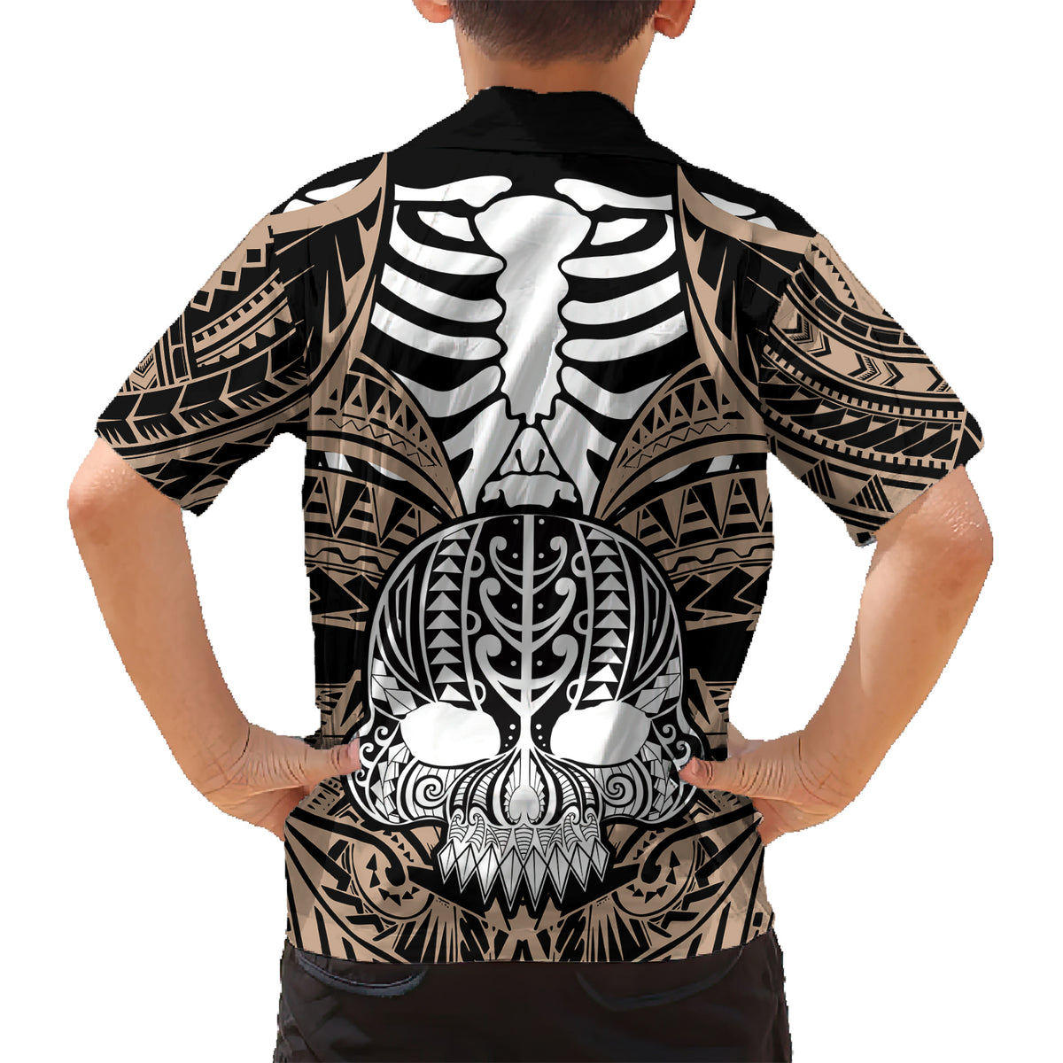 Personalised Polynesia Skull Family Matching Short Sleeve Bodycon Dress and Hawaiian Shirt With Boars Tusk Gold Arty Vibe LT9 - Polynesian Pride