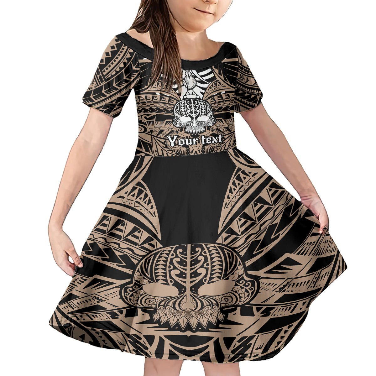 Personalised Polynesia Skull Family Matching Short Sleeve Bodycon Dress and Hawaiian Shirt With Boars Tusk Gold Arty Vibe LT9 Daughter's Dress Gold - Polynesian Pride