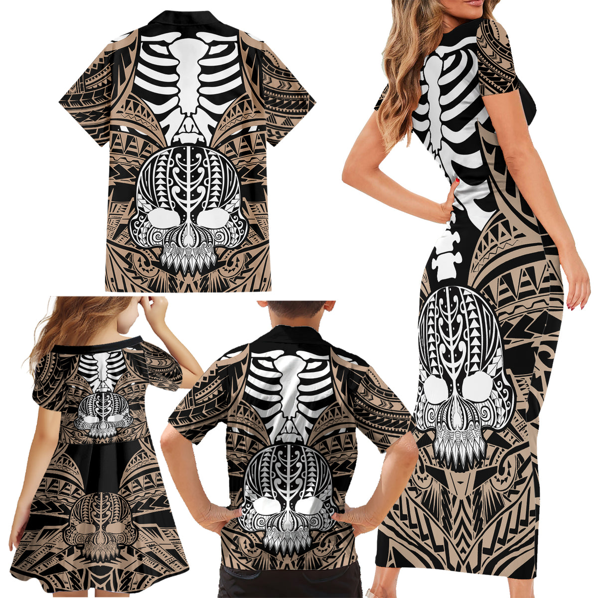 Personalised Polynesia Skull Family Matching Short Sleeve Bodycon Dress and Hawaiian Shirt With Boars Tusk Gold Arty Vibe LT9 - Polynesian Pride