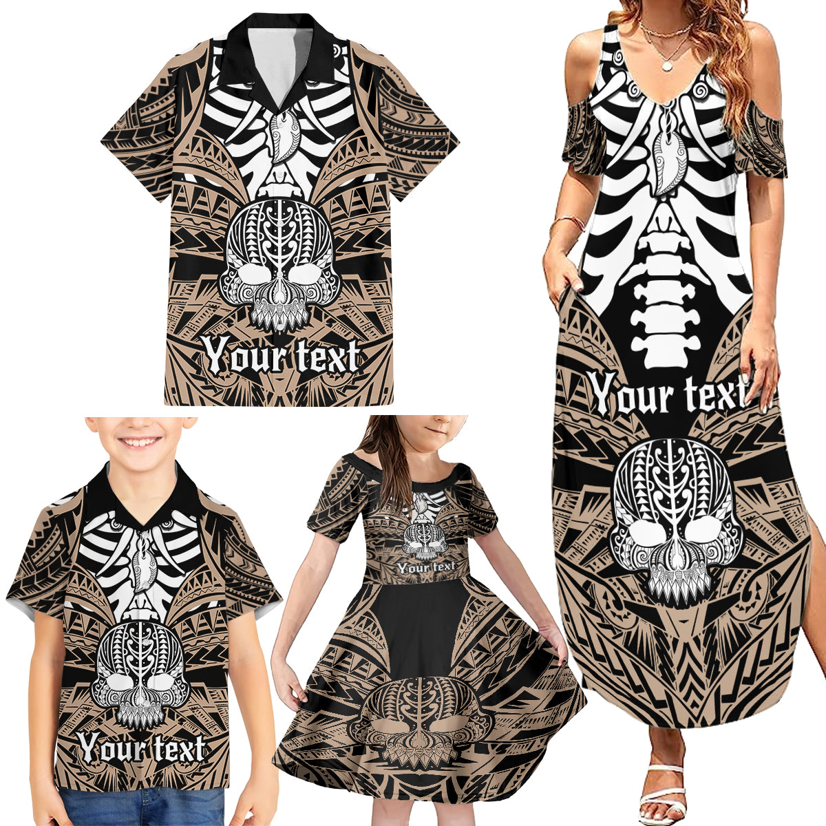 Personalised Polynesia Skull Family Matching Summer Maxi Dress and Hawaiian Shirt With Boars Tusk Gold Arty Vibe LT9 - Polynesian Pride
