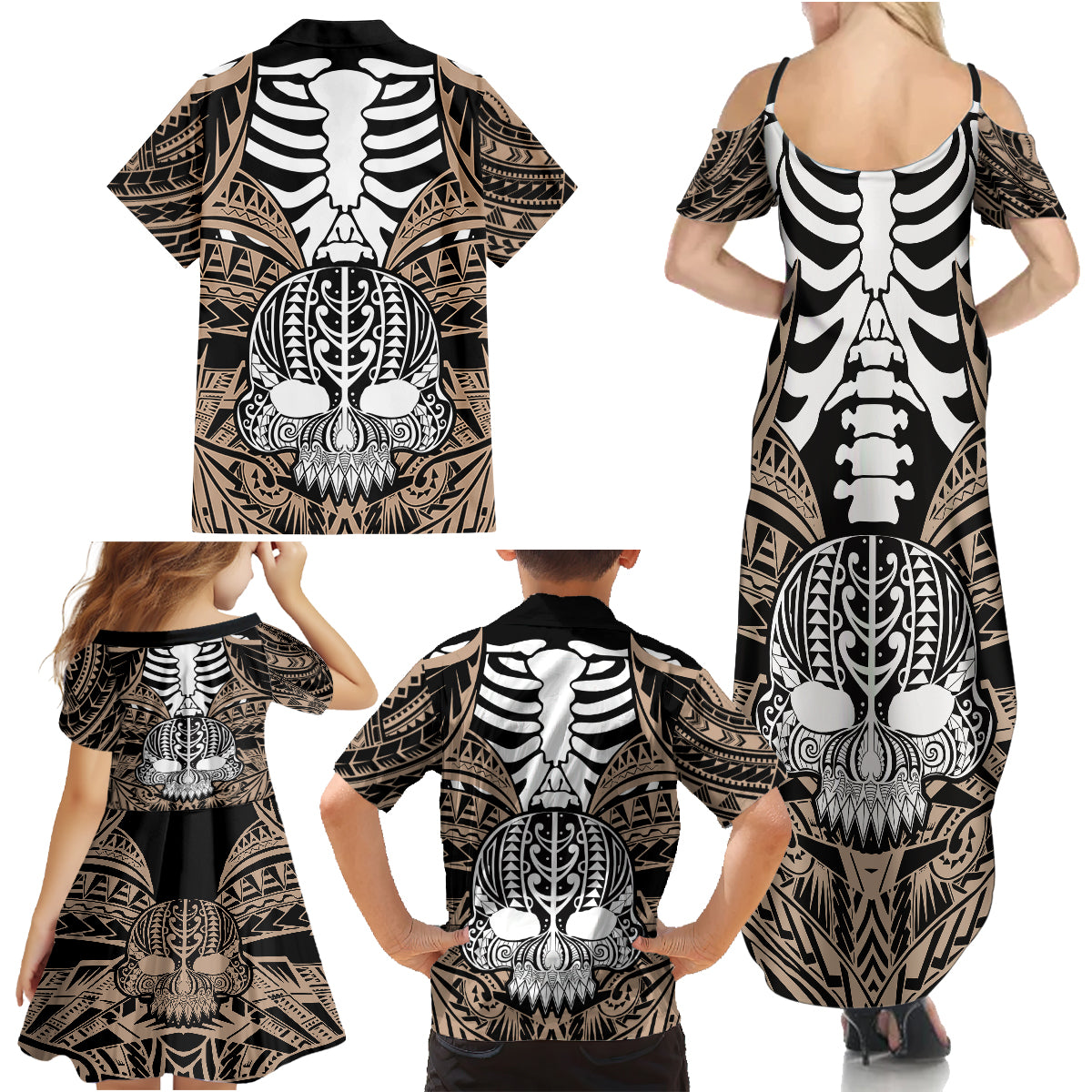 Personalised Polynesia Skull Family Matching Summer Maxi Dress and Hawaiian Shirt With Boars Tusk Gold Arty Vibe LT9 - Polynesian Pride