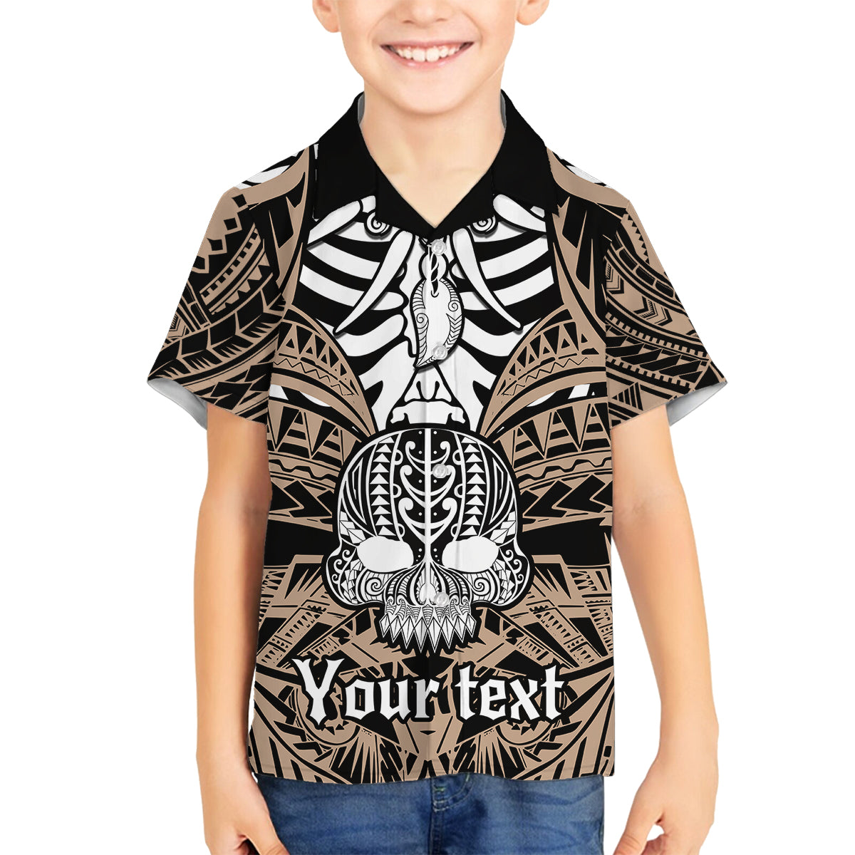 Personalised Polynesia Skull Family Matching Summer Maxi Dress and Hawaiian Shirt With Boars Tusk Gold Arty Vibe LT9 Son's Shirt Gold - Polynesian Pride