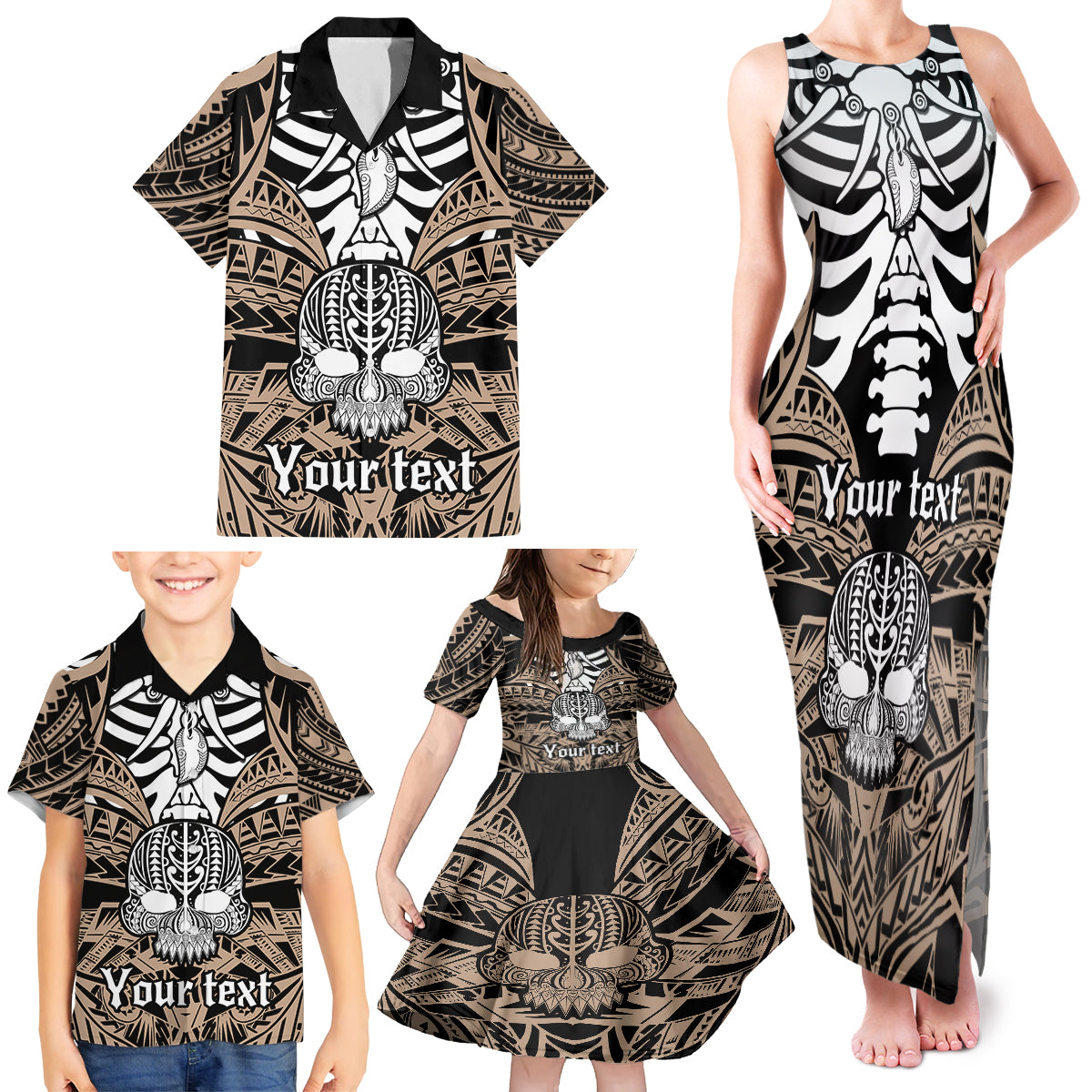 Personalised Polynesia Skull Family Matching Tank Maxi Dress and Hawaiian Shirt With Boars Tusk Gold Arty Vibe LT9 - Polynesian Pride