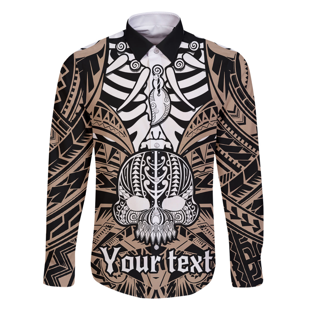 Personalised Polynesia Skull Family Matching Tank Maxi Dress and Hawaiian Shirt With Boars Tusk Gold Arty Vibe LT9 Dad's Shirt - Long Sleeve Gold - Polynesian Pride