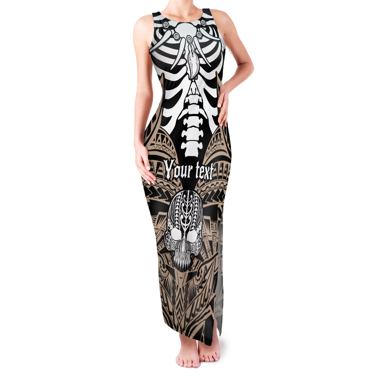 Personalised Polynesia Skull Family Matching Tank Maxi Dress and Hawaiian Shirt With Boars Tusk Gold Arty Vibe LT9 Mom's Dress Gold - Polynesian Pride