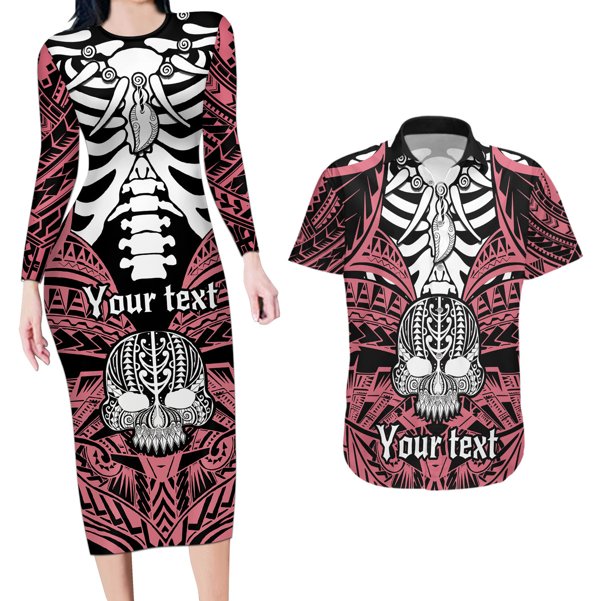 Personalised Polynesia Skull Couples Matching Long Sleeve Bodycon Dress and Hawaiian Shirt With Boars Tusk Pink Arty Vibe LT9 Pink - Polynesian Pride