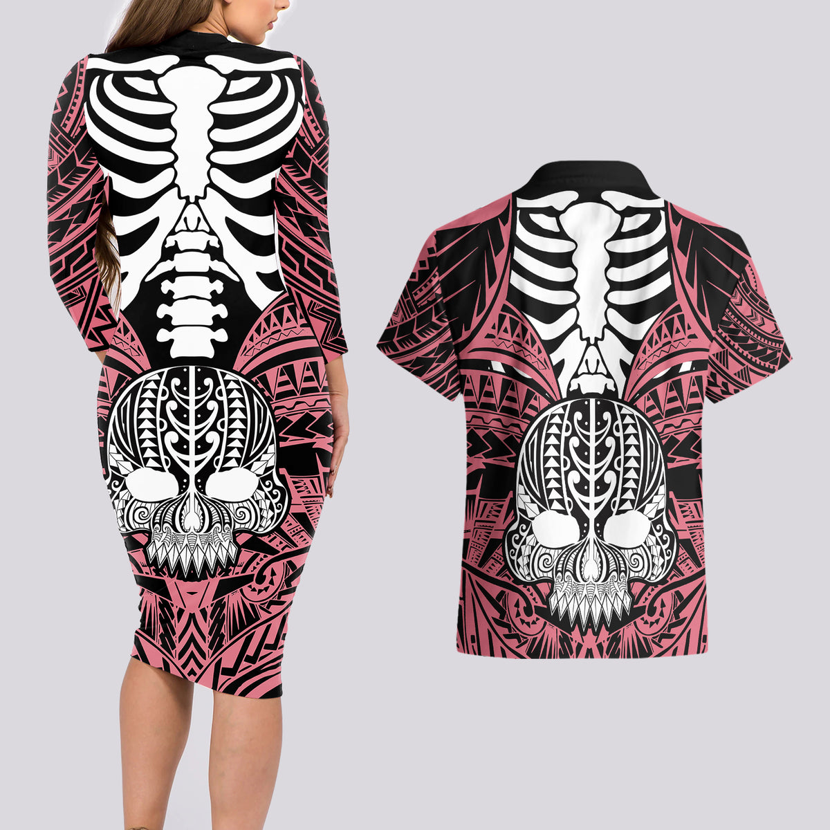 Personalised Polynesia Skull Couples Matching Long Sleeve Bodycon Dress and Hawaiian Shirt With Boars Tusk Pink Arty Vibe LT9 - Polynesian Pride