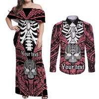 Personalised Polynesia Skull Couples Matching Off Shoulder Maxi Dress and Long Sleeve Button Shirts With Boars Tusk Pink Arty Vibe LT9 Pink - Polynesian Pride