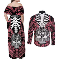Personalised Polynesia Skull Couples Matching Off Shoulder Maxi Dress and Long Sleeve Button Shirts With Boars Tusk Pink Arty Vibe LT9 - Polynesian Pride