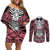 personalised-polynesia-skull-couples-matching-off-shoulder-short-dress-and-long-sleeve-button-shirts-with-boars-tusk-pink-arty-vibe